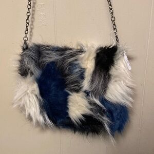 Faux Fur Chain Strap Bag - Blue, Black, White